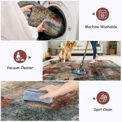 Lahome Modern Abstract Living Room Rug 8x10, Washable 8x10 Area Rugs for Bedroom Stain Resistant Non Slip, Large Red Soft Indoor Carpet for Dining Room Table Home Decor