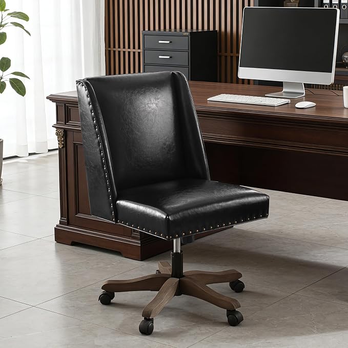 Zihanhome Armless Home Office Chair with Wooden Legs, Modern Leather Upholstered Office Desk Chair No Arms Sewing Chair Adjustable Swivel Desk Chair for Farmhouse Office Study Studio (Black)