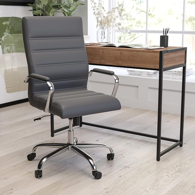 Merrick Lane Milano Contemporary High-Back Gray Faux Leather Home Office Chair with Padded Chrome Arms