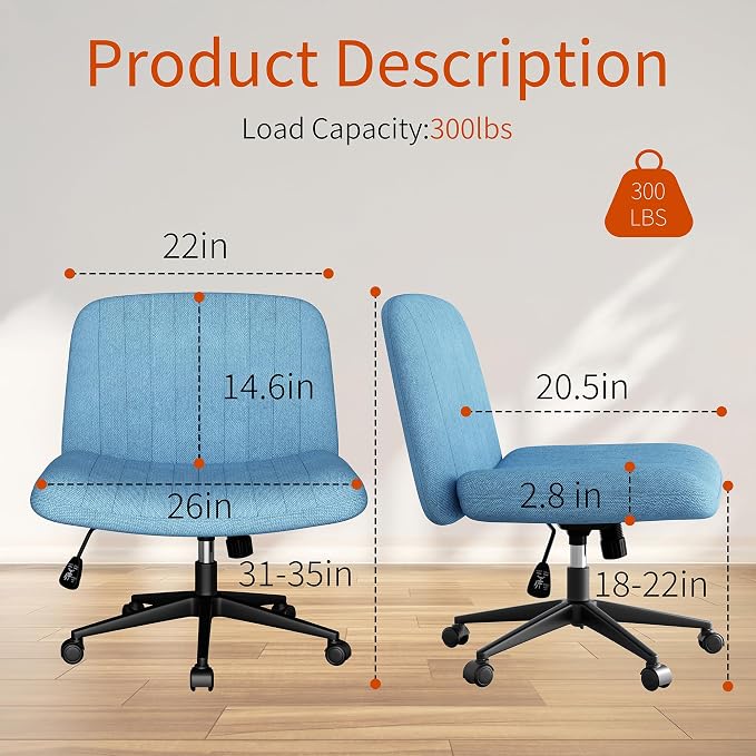 Criss Cross Chair with Wheels, Cross Legged Office Chair, Armless Office Chairs Adjustable Height Swivel Tilting Fabric Vanity Chairs for Home Bedroom (Blue)