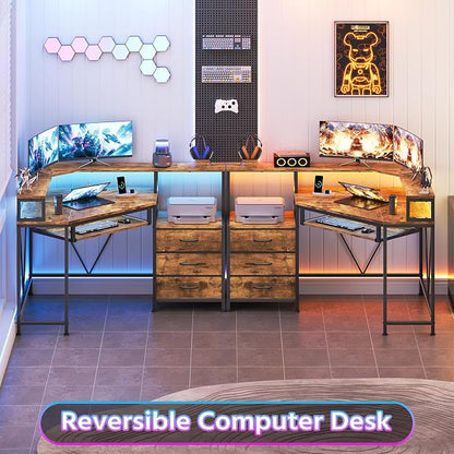 YOMILUVE Corner Desk with Power Outlets, Small Computer Desk with Drawers & Printer Shelf, Triangle Gaming Desk with LED Lights, Keyboard Tray and Monitor Stand for Small Space, Rustic Brown