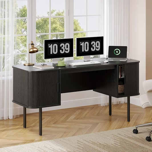 ONBRILL 63 Inch Fluted Computer Desk with Charging Station, Mid Century Executive Desk with 2 Storage Cabinets, Modern Home Office Large Desk with Metal Legs for Working, Studying, Writing, Black
