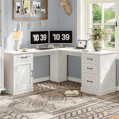 Vabches Farmhouse 59" L-Shaped Executive Desk with Drawers, Wood Home Office Corner Desk with File Drawer, Storage Cabinet, Rustic Computer Writing Desk for Home Office Cream White