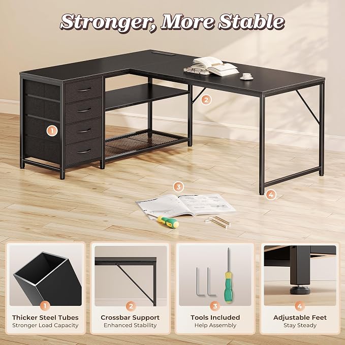 PRAISUN 53" L Shaped Desk with Power Outlets & USB-C Port, Reversible Computer Corner Office Desk with 4 Fabric Drawers and 2 Storage Shelves, Large Desk for Gaming Writing Work Study, Black