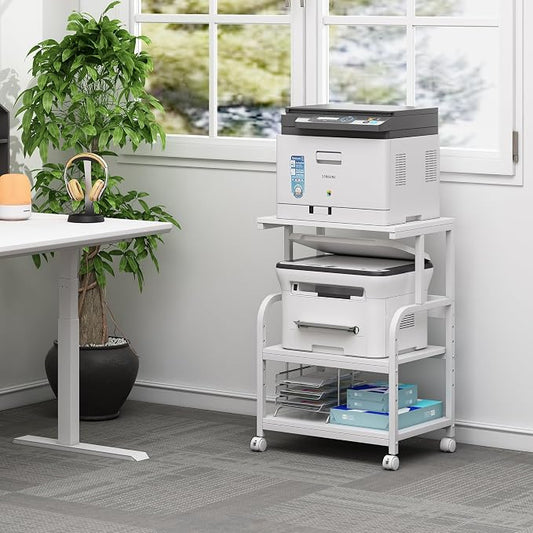 Fannova White Printer Stand with Storage, 3 Tier Printer Table with Height Adjustable Shelf, Rolling Printer Cart with Wheels for Home Office Organization