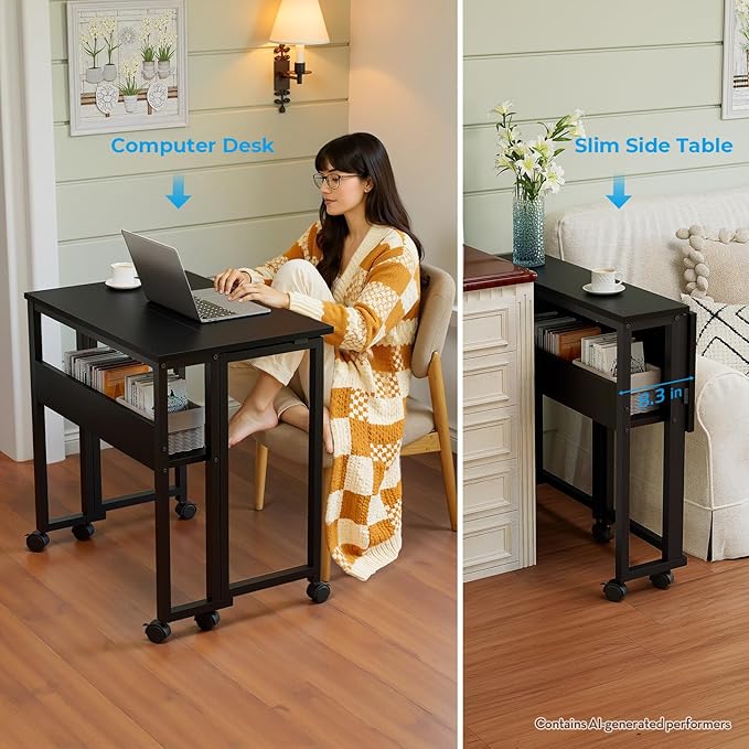 GreenForest Folding Desk with Wheels, 24.8 Inch Compact Rolling Computer Table with Storage Shelf, Portable Mobile Workstation for Small Spaces, Easy Assembly, Black