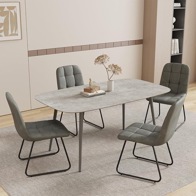 HIPIHOM 55.1'' Modern Dining Table Set for 4, Gray Wood Table with 4 Faux Leather Chairs, Kitchen & Dining Room Furniture Set, Space-Saving Table and Chairs for Apartment, Home, Small Spaces