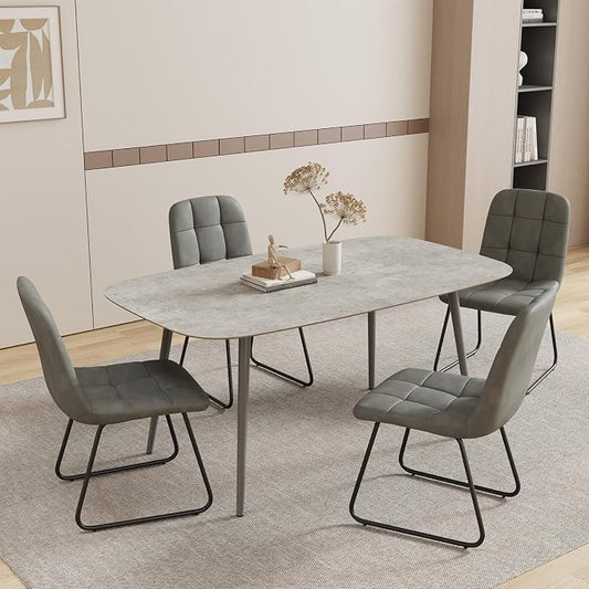 HIPIHOM 55.1'' Modern Dining Table Set for 4, Gray Wood Table with 4 Faux Leather Chairs, Kitchen & Dining Room Furniture Set, Space-Saving Table and Chairs for Apartment, Home, Small Spaces