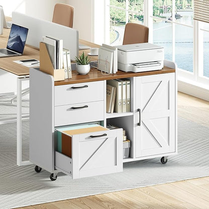 HOOBRO Lateral File Cabinet with Charging Station, Wooden Office Storage Cabinet with 3 Drawers and Door,Farmhouse Filing Cabinet Printer Stand for Home Office, Fits A4, Letter Size, White WH35UWJ01