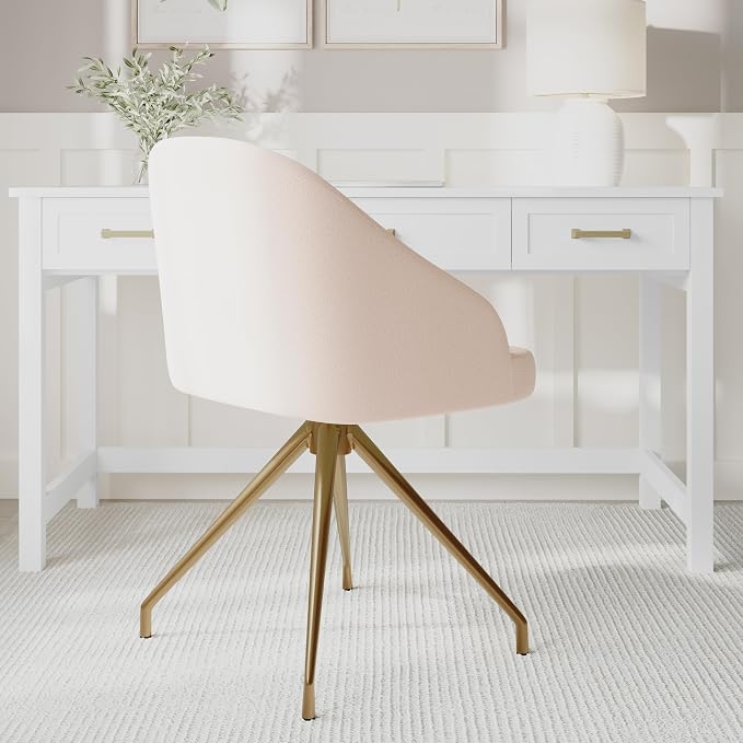 Martha Stewart Sora Stationary Swivel Task Chair with Sloped Arms for Home Office in Conch Shell Fabric with Polished Brass Frame