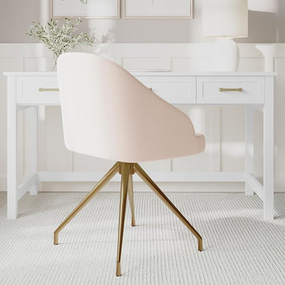 Martha Stewart Sora Stationary Swivel Task Chair with Sloped Arms for Home Office in Conch Shell Fabric with Polished Brass Frame
