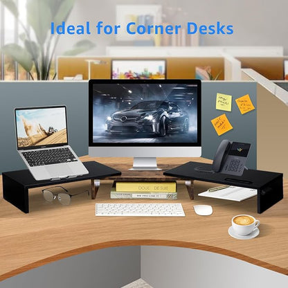 La Jaco Dual Monitor Stand Riser for 2 Monitors, Monitor Stand for Desk, Adjustable Length Swivel Angle Wooden Desktop Organizer Stand Riser with Smartphone Holder for PC Monitor, Rustic Brown