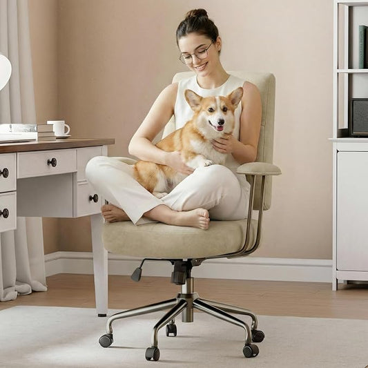 EUREKA ERGONOMIC Becky Home Office Desk Chairs Leather, Comfy Office Chair with Lumbar Support and Arms, Mid-Back, Comfortable Thick Cushion, Mid-Century Modern, Height Adjustable, Off-White
