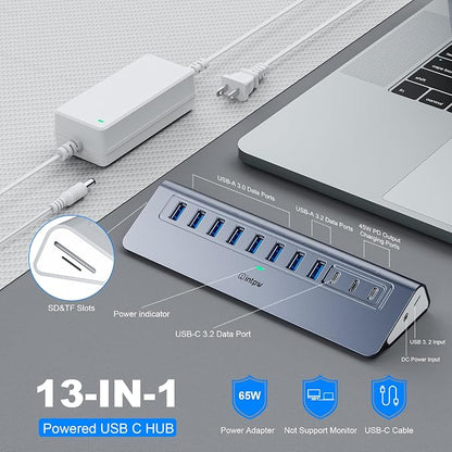 Powered USB Hub 10Gbps, Intpw YH9AC Plus 13 Port USB 3.2 Hub(USB A/USB C 3.2+6 USB-A 3.0+2 PD 45W Fast Charging Port+SD/TF Card Reader), 65W Power Adapter,Aluminum USB HUB for PC,Laptop,iPhone 17/16