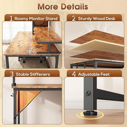DurayLoly Computer Desk, 47" Desk with Cabinet to Display & RGB Light, Home Office Desks with 3 Drawers for Small Space, 2 AC Power Outlets and 2 Ports, Monitor Stand for Student Bedroom, Brown