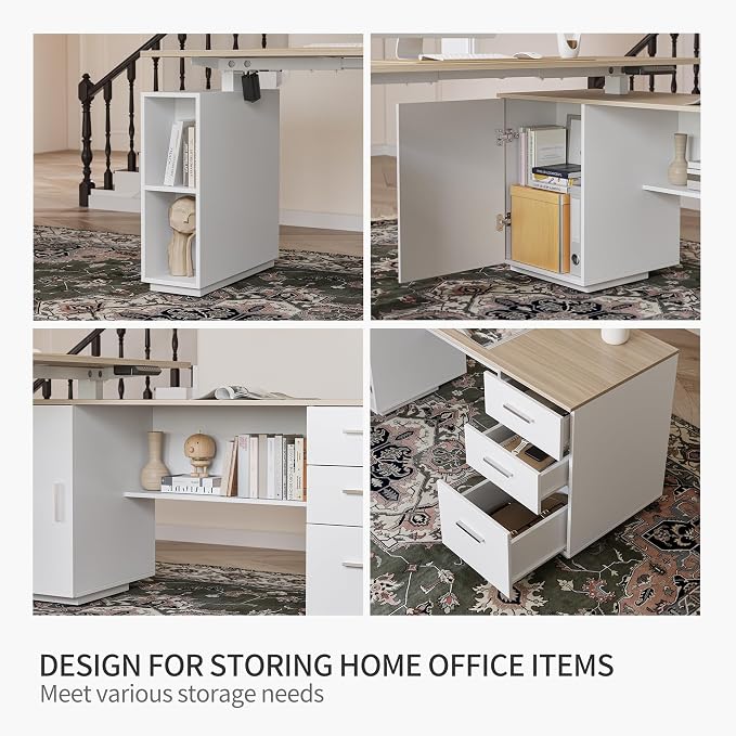 FEZIBO L-Shaped Standing Desk with Drawers and Shelves, Electric Standing Desk Adjustable Height, Executive Computer Desk 63 inch Light Walnut
