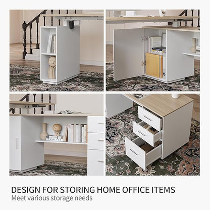 FEZIBO L Shaped Standing Desk, 63 inch Executive Standing Desk, Adjustable Height Desk with Storage Drawers for Home Office, Light Wood Grainy