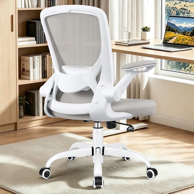 BESTFAIR Ergonomic Office Chair, Mesh Computer Chairs with Lumbar Support, Swivel Desk Chair with Flip-up Arms and Adjustable Height, Light Gray