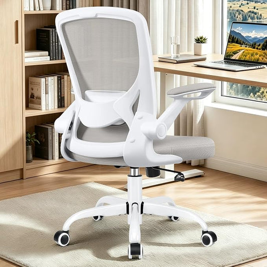 BESTFAIR Ergonomic Office Chair, Mesh Computer Chairs with Lumbar Support, Swivel Desk Chair with Flip-up Arms and Adjustable Height, Light Gray