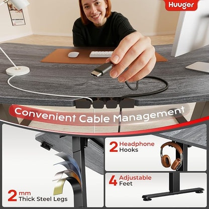 Huuger Electric Standing Desk with Power Outlets and USB-C Port, 55 X 24 Inch Height Adjustable Desk, Sit Stand Desk for Home Office, Computer & Gaming Desk with 4 Presets, Stable Steel Frame, Grey