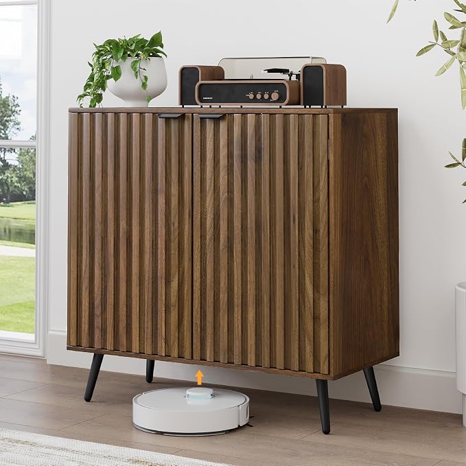 Smuxee Fluted Sideboard Cabinet, Freestanding Walnut Buffet Cabinet with Adjustable Shelf, Wood Storage Cabinet for Living Room, Entryway, Hallway