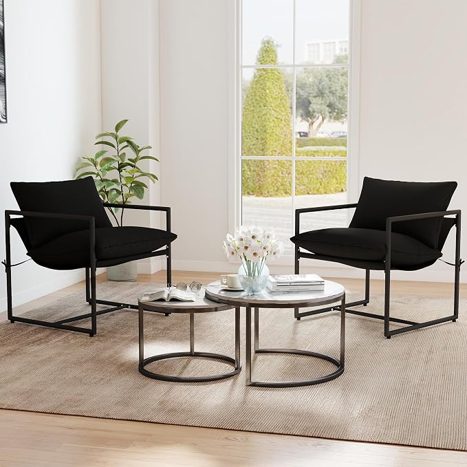 Kromax Sling Accent Chair, Cozy Living Room Chairs, Square Metal Frame, Upholstered Soft Cushion, Sponge, 28" x28“x32, Easy Assembly, Black