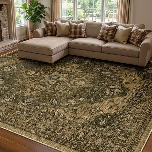 RELEANY Area Rugs 8'x10' Washable Non-Slip, Floral Vintage Distress Medallion Carpet for Living Room Bedroom Dining Room, Brown Dark Brown