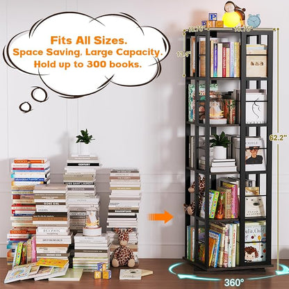 Aheaplus Rotating Bookshelf, Corner Bookcase, 360 Display Wood Spinning Bookshelves, Floor Standing Bookcase Narrow Shelf,5 Tiers, Grey Oak