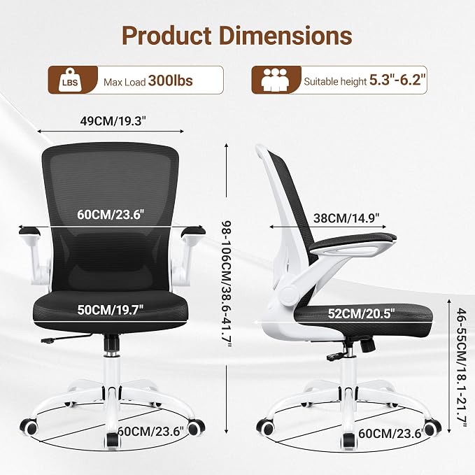 BESTFAIR Ergonomic Office Chair, Mesh Computer Chairs with Lumbar Support, Swivel Desk Chair with Flip-up Arms and Adjustable Height, White