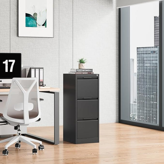 Bestoo 3 Drawer File Cabinet with Lock, Filing Cabinets, Metal Vertical Filing Cabinets for Home Office, File Storage Cabinet for Letter/Legal/A4/F4 Size File, Easy Assembly