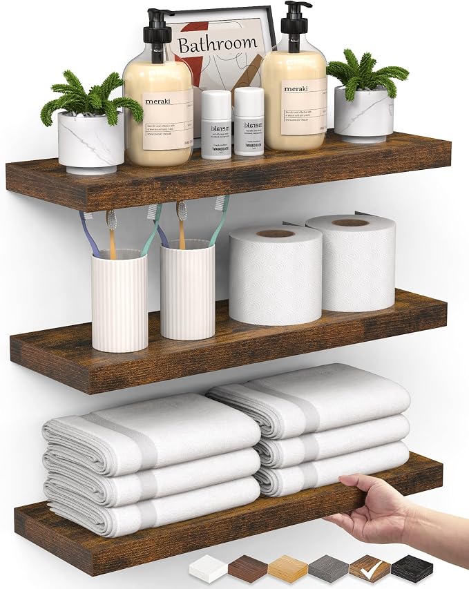 BAYKA Bathroom Floating Shelves for Wall Set of 3 - Rustic Brown Farmhouse Wood Shelves Over Toilet for Bedroom, Kitchen, or Living Room Decor Display, Storage for Plants, Toilet Paper or Bath Towels