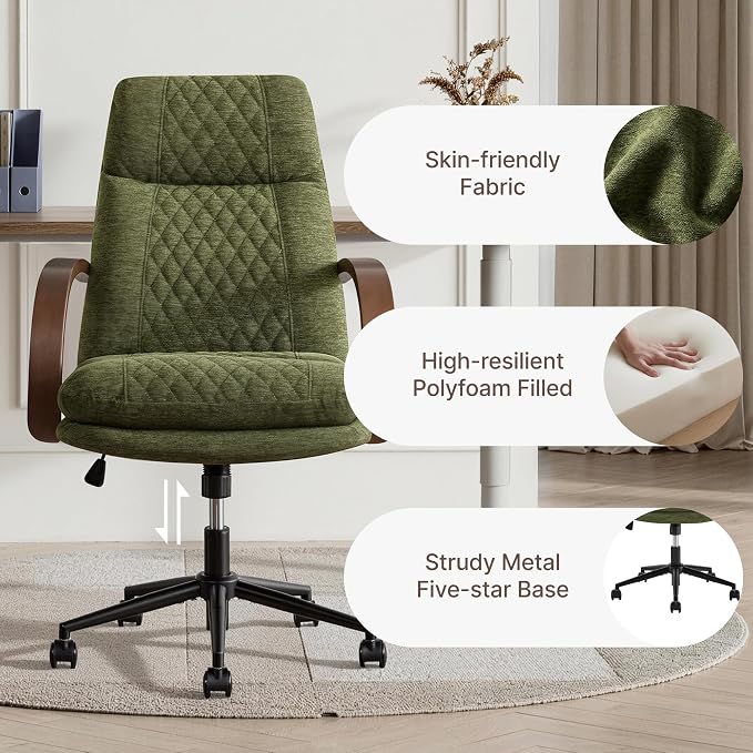 KISLOT Home Office Desk Chair, Ergonomic Office Chair with Lumbar Support, Adjustable Swivel Computer Chair with Wheels, Fabric Executive Task Chair with Wood Arms, Moss Green