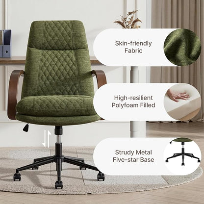 KISLOT Home Office Desk Chair, Ergonomic Office Chair with Lumbar Support, Adjustable Swivel Computer Chair with Wheels, Fabric Executive Task Chair with Wood Arms, Set of 2, Moss Green