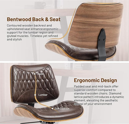 Walnut Bentwood Mid Back Armless Office Chair 2 Pack, Adjustable Height PU Leather Swivel Desk Chair with Wheels, Rolling Computer Task Chair for Home Office, Study, Meeting Room
