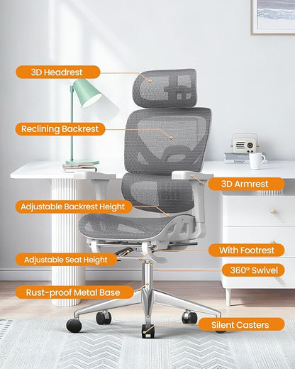 naspaluro Ergonomic Office Chair, High Back Mesh Desk Chair, 350lbs Capacity, Lumbar Support, 3D Armrest Headrest, Footrest, PU Wheels, Swivel Computer Chair for Home Office, Work & Gaming