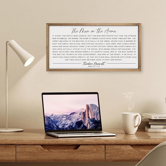 flangairy The Man In The Arena Wall Art Framed 24.8x12.6inch, Wood Motivational Office Wall Decor for Men, Inspirational Positive Famous Quotes Home Decor