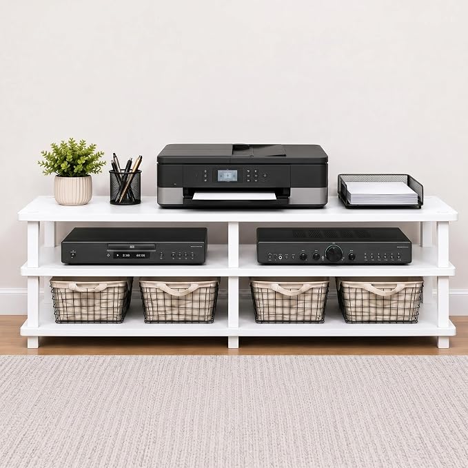 Furinno Turn-S-Tube Toolless Assembly 3-Tier TV Stand, Entertainment Center for TV up to 55 Inch, Wide Printer Stand with Storage Shelf, for Living Room, Bedroom, White