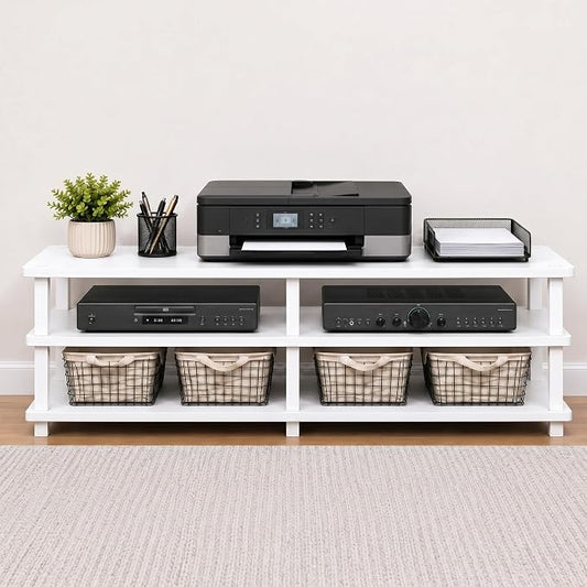 Furinno Turn-S-Tube Toolless Assembly 3-Tier TV Stand, Entertainment Center for TV up to 55 Inch, Wide Printer Stand with Storage Shelf, for Living Room, Bedroom, White