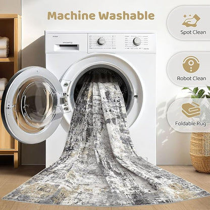 7x9 Area Rug Living Room: Washable Large Abstract Soft Stain Resistant Indoor Floor Rugs Non-Slip Accent Carpet for Bedroom Nursery Playroom Office Dining Room Home House- Gray Beige