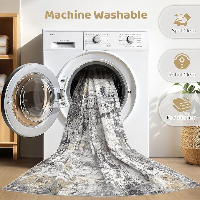 6x8 Area Rug Living Room: Washable Large Abstract Soft Stain Resistant Indoor Floor Rugs Non-Slip Accent Carpet for Bedroom Nursery Playroom Office Dining Room Home House- Gray Beige