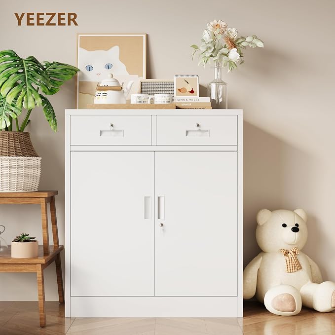 Locking Storage Cabinet, 36" H Metal Storage Cabinet, Metal Garage Storage Cabinet for Home, School, Office, Garage, White