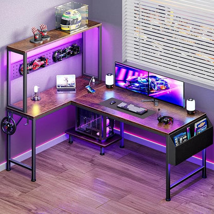 PRAISUN L Shaped Gaming Desk with LED Lights & Power Outlets, Reversible Computer Desk with Storage Shelves & Bag, Large Corner Home Office Desk with Pegboard for Work from Home, Rustic Brown