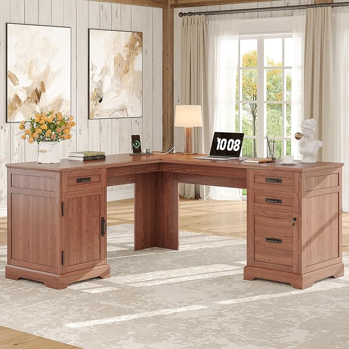 Whalefall 67'' Farmhouse L-Shaped Desk with Drawers for Home Office, Brown | Computer Corner Desk with File Cabinet and Charging Station, Large Executive L Desk with Locking Drawers Storage