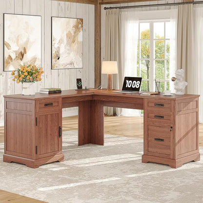 Whalefall 67'' Farmhouse L-Shaped Desk with Drawers for Home Office, Brown | Computer Corner Desk with File Cabinet and Charging Station, Large Executive L Desk with Locking Drawers Storage
