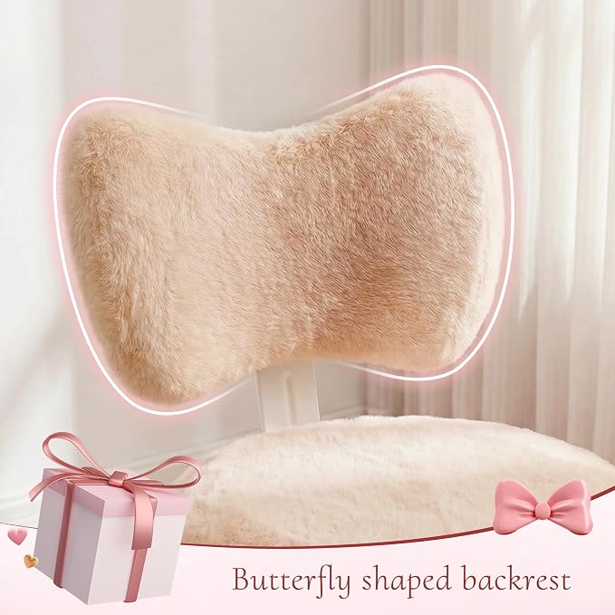 Homkdom Vanity Chair with Wheels, Cute Desk Chair with Bow Backrest, Fluffy Faux Rabbit Fur Small Office Chair for Vanity, Make-up Room, Bedroom, Dorm, Height Adjustable, Orange Pink