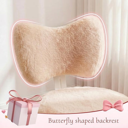 Homkdom Vanity Chair with Wheels, Cute Desk Chair with Bow Backrest, Fluffy Faux Rabbit Fur Small Office Chair for Vanity, Make-up Room, Bedroom, Dorm, Height Adjustable, Orange Pink