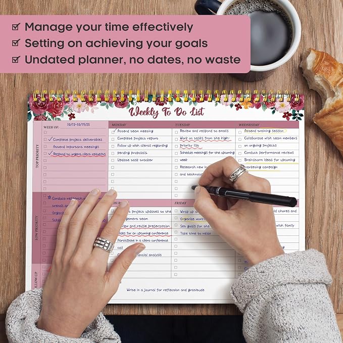 Taja Weekly To Do List Notepad with 52 Undated Sheets（8.5"×11"）- Weekly Desk Planner for Women & Man, Work and Home - 1 Pack Crimson Garden