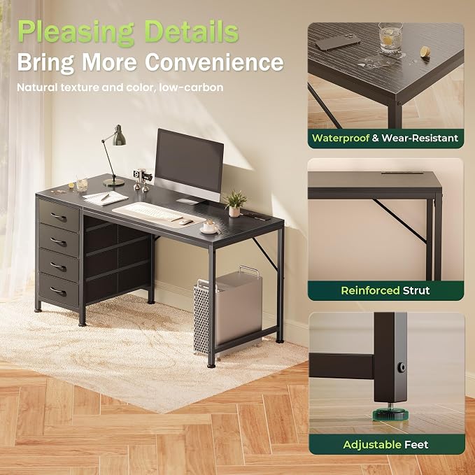 PRAISUN 47.2Inch Computer Office Desk with Power Outelts and USB-C Port, Reversible Gaming Desk with 4 Fabric Drawers, Work Study Desk Work from Home, Black