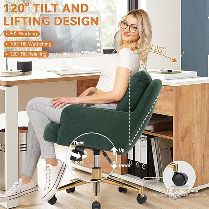 Flannel Office Chair, Comfy Home Office Desk Chairs with Lumbar Support, Modern Plush Fabric Desk Chair Gold Legs Swivel Task Chair for Home Office, Bedroom, Study, Green Upgraded Version