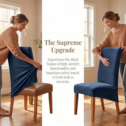Deisy Dee Stretch XL/Oversized Extra Large Velvet Dining Room Chair Covers for Kitchen Dining，Removable Washable Chair Protectors Slipcovers (Navy, 4)